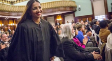 Newly appointed city judge, Chennai-born Raja Rajeswari, rises to take her place for a Judicial Swearing-In Ceremony at New York City Hall in New York on Monday.