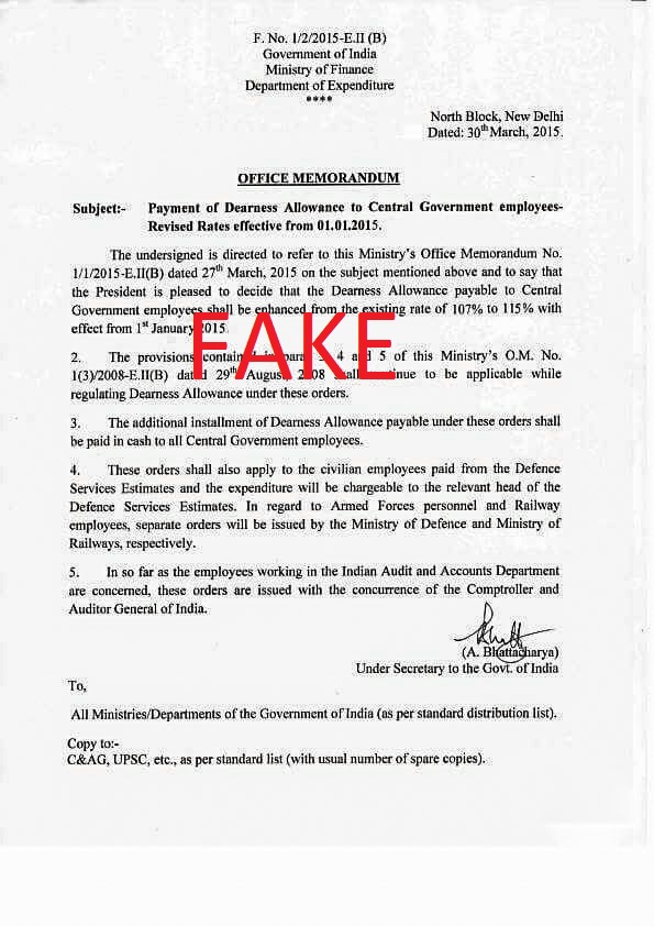 Fake memo declares DA hike for Central staff