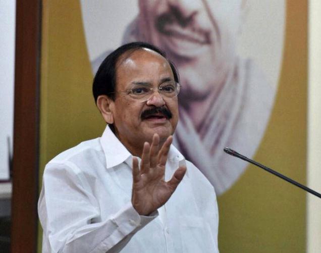 Parliamentary Affairs Minister M Venkaiah Naidu speaks at the party's Sthapana Diwas (day of establishment) function in New Delhi on Monday.
