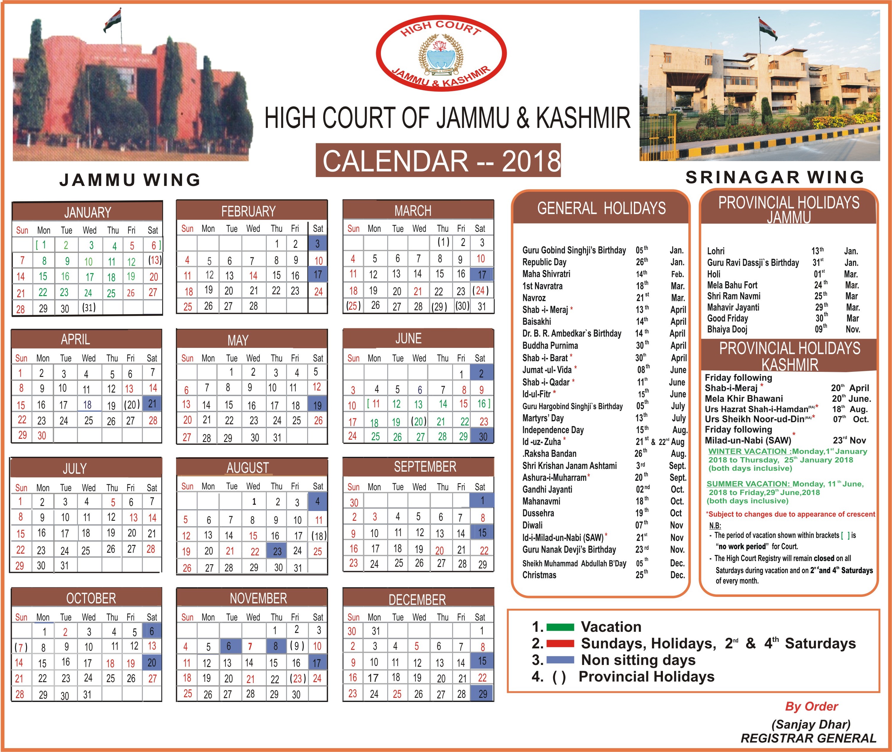 Jammu & Kashmir High Court Calendar,2018