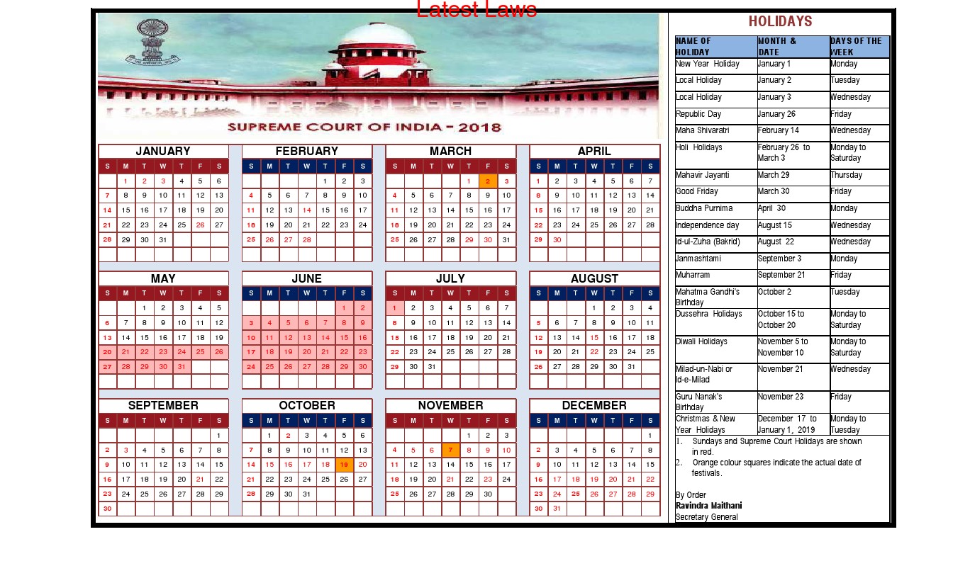 Supreme Court Calendar, 2018