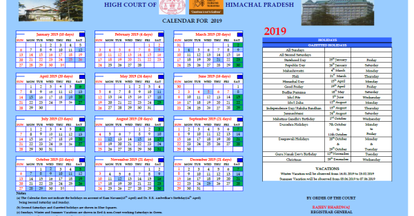 Himachal Pradesh High Court Calendar 2019