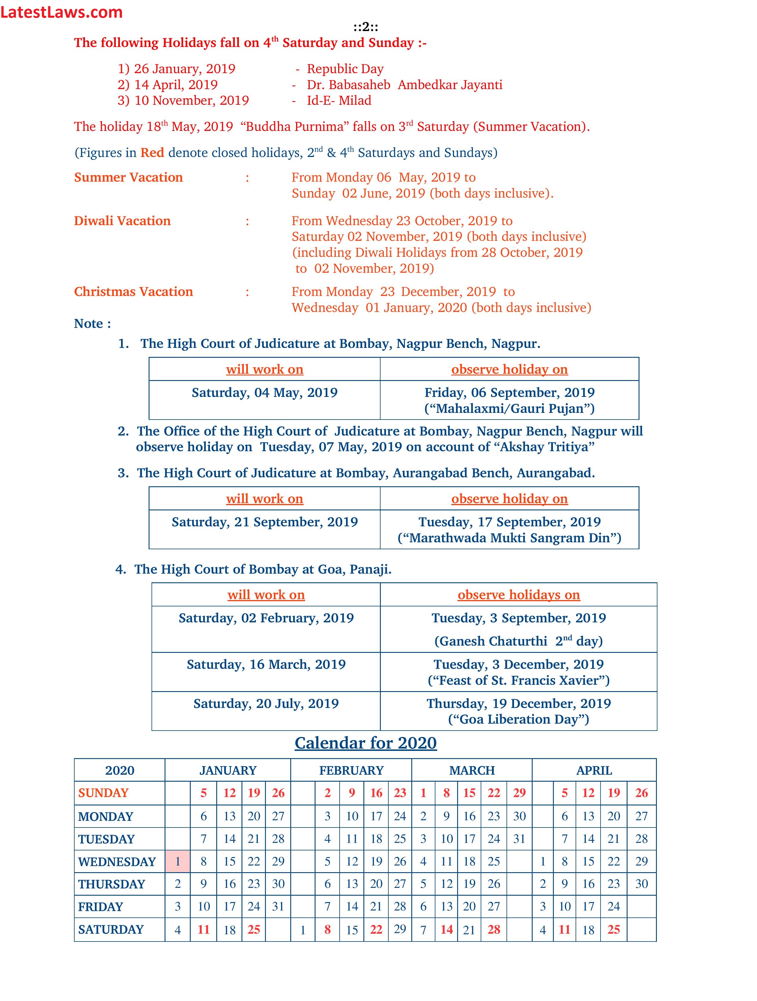 Bombay High Court Calendar 2019