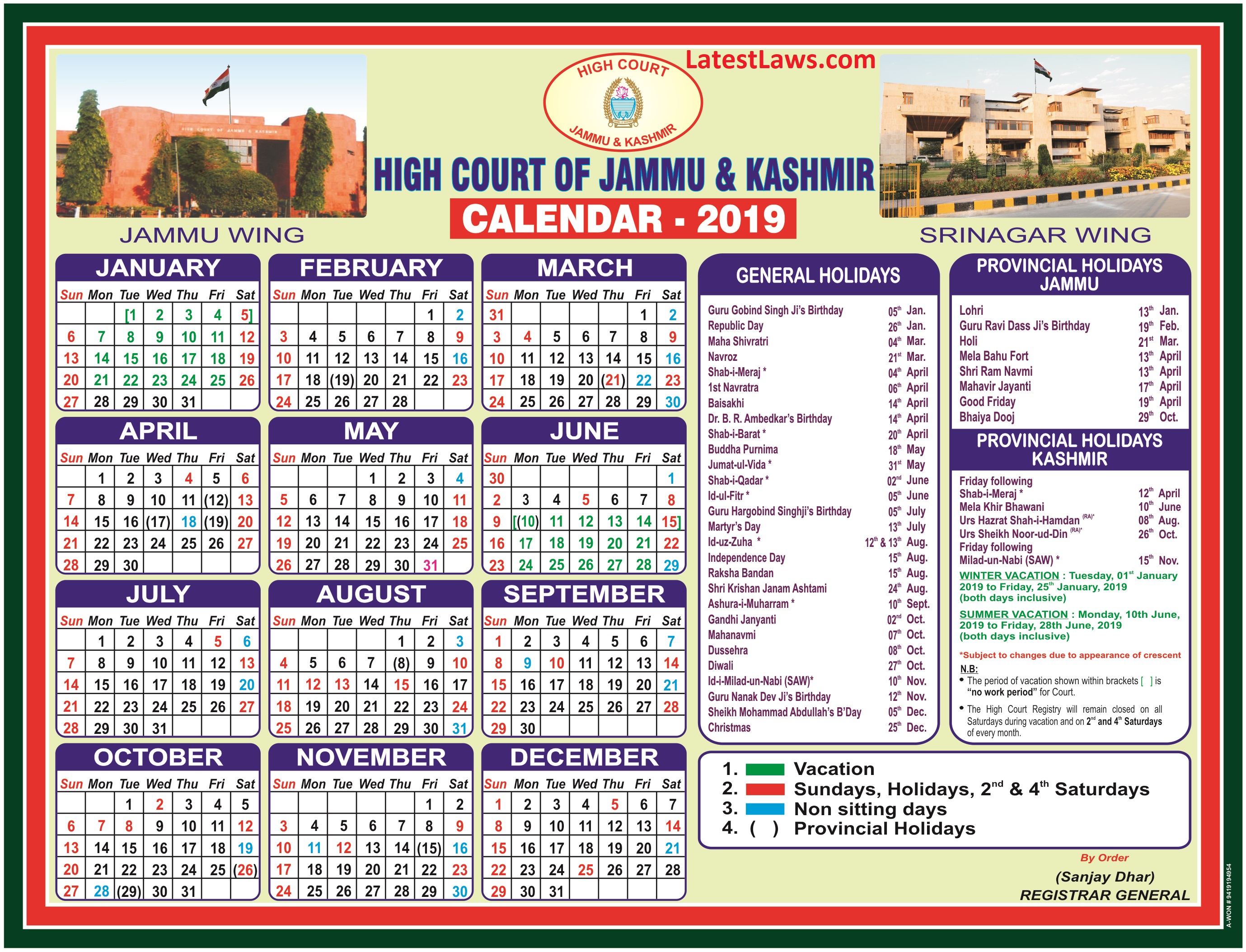 Jammu & Kashmir High Court Calendar 2019