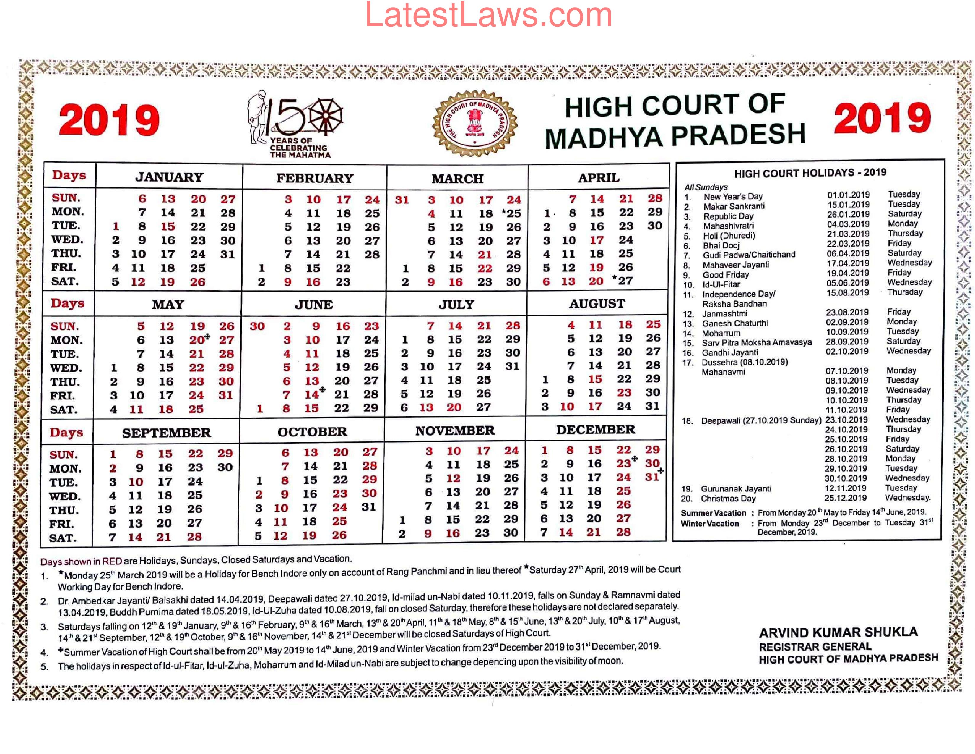 Madhya Pradesh High Court Calendar 2019