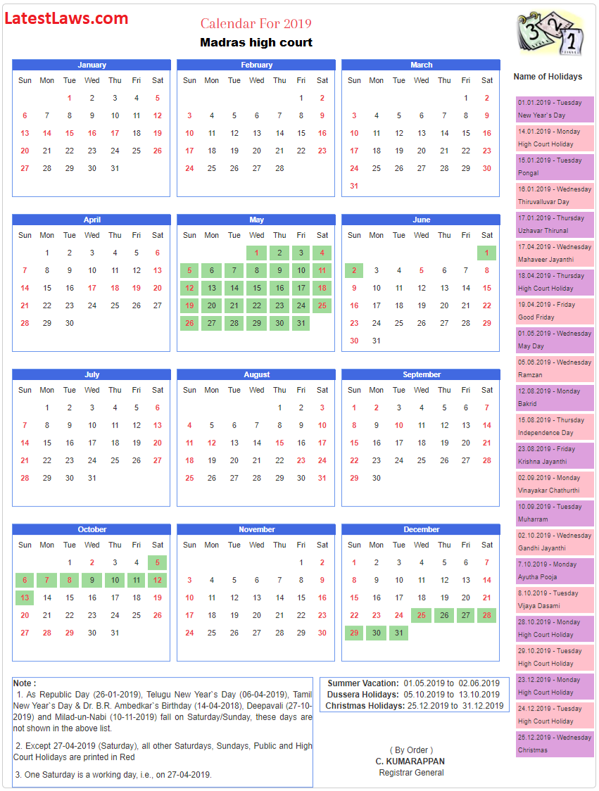 Madras High Court Calendar 2019