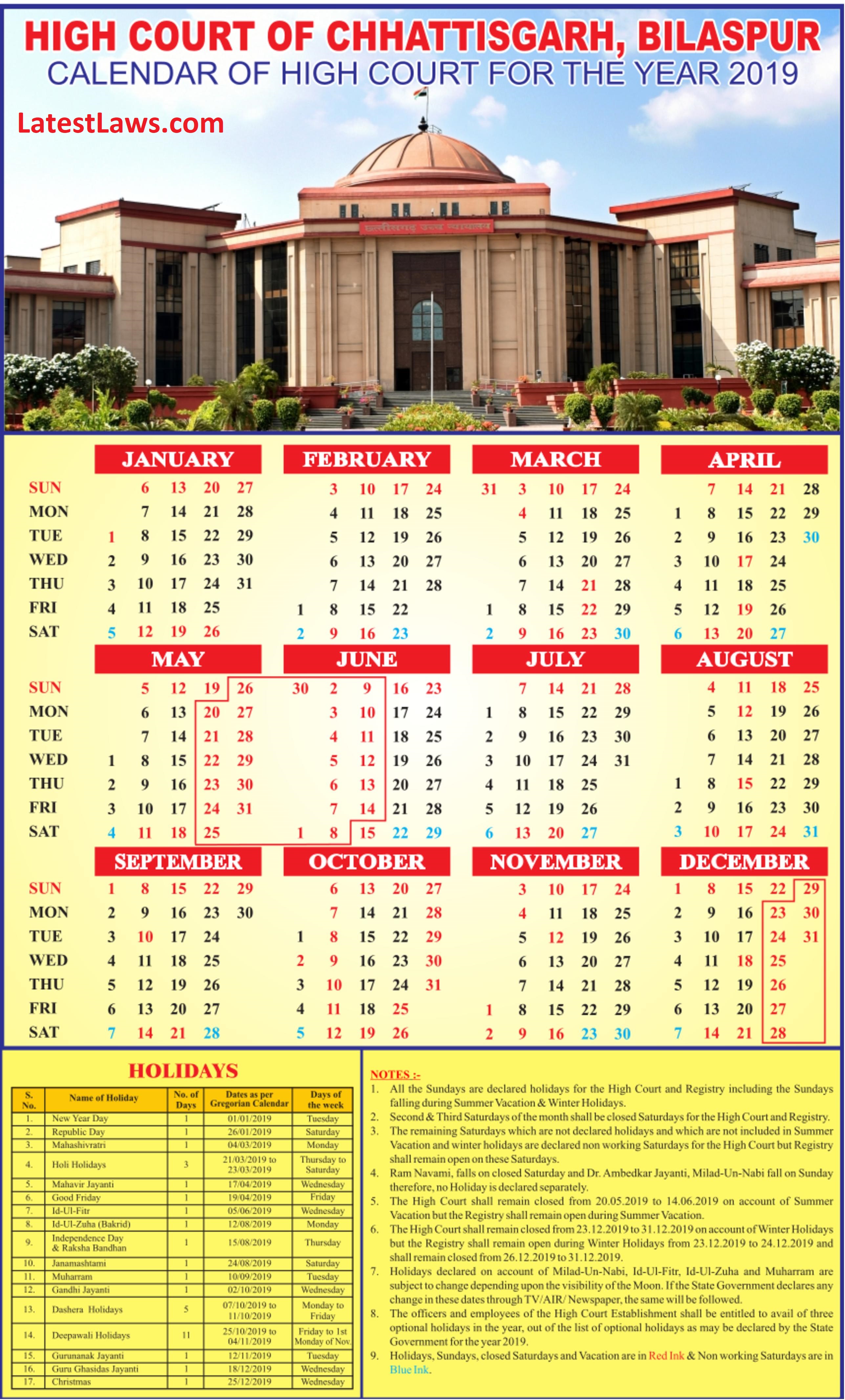 Chhattisgarh High Court Calendar 2019