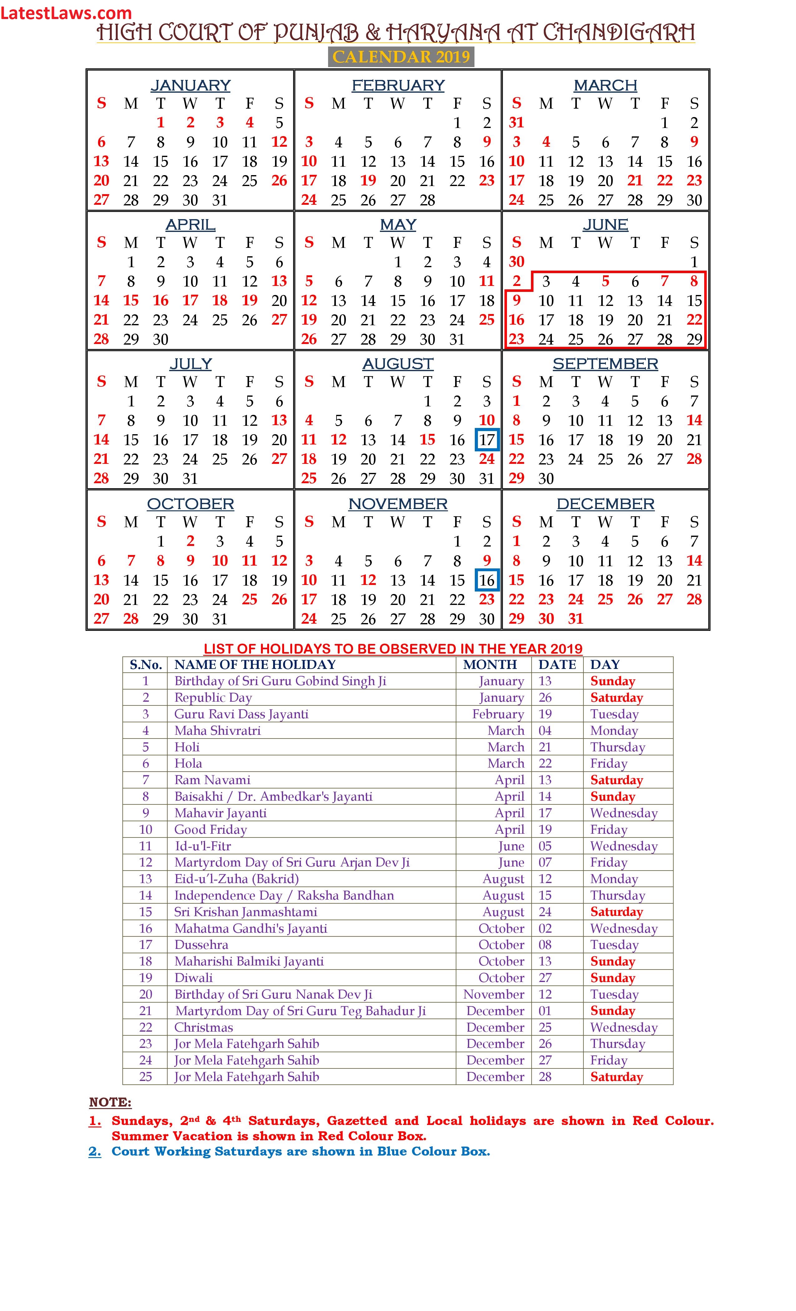 Haryana and Punjab High Court Calendar 2019