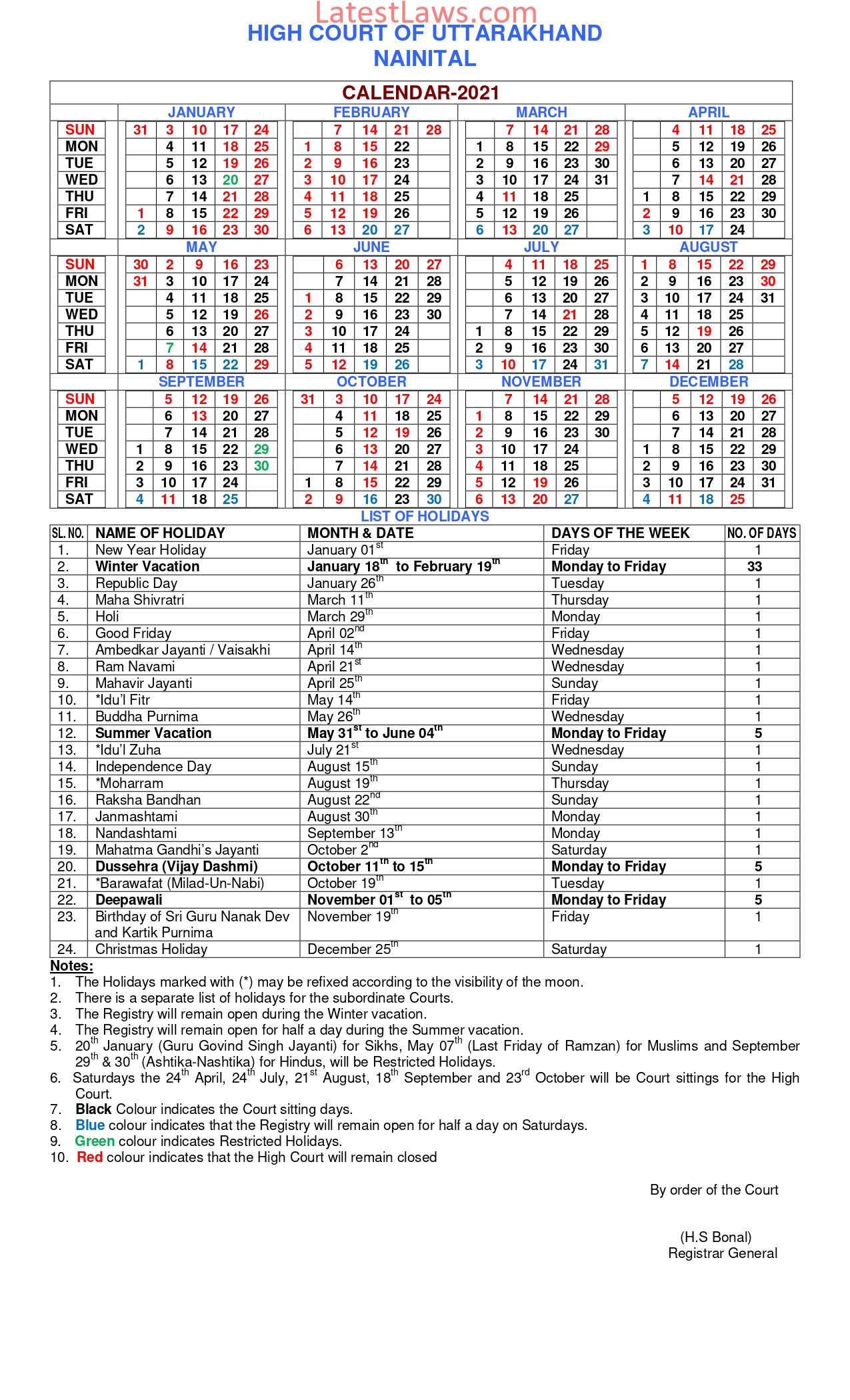 Uttarakhand High Court Calendar, 2021