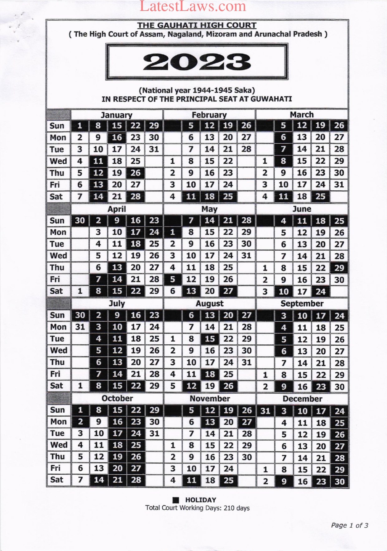 Gauhati High Court Calendar, 2023