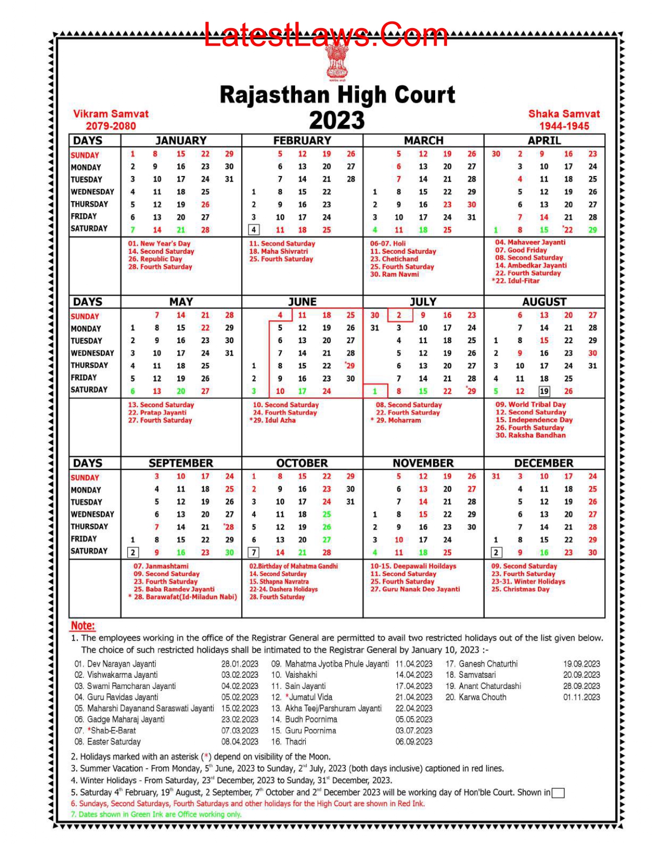 Rajasthan High Court Calendar, 2023