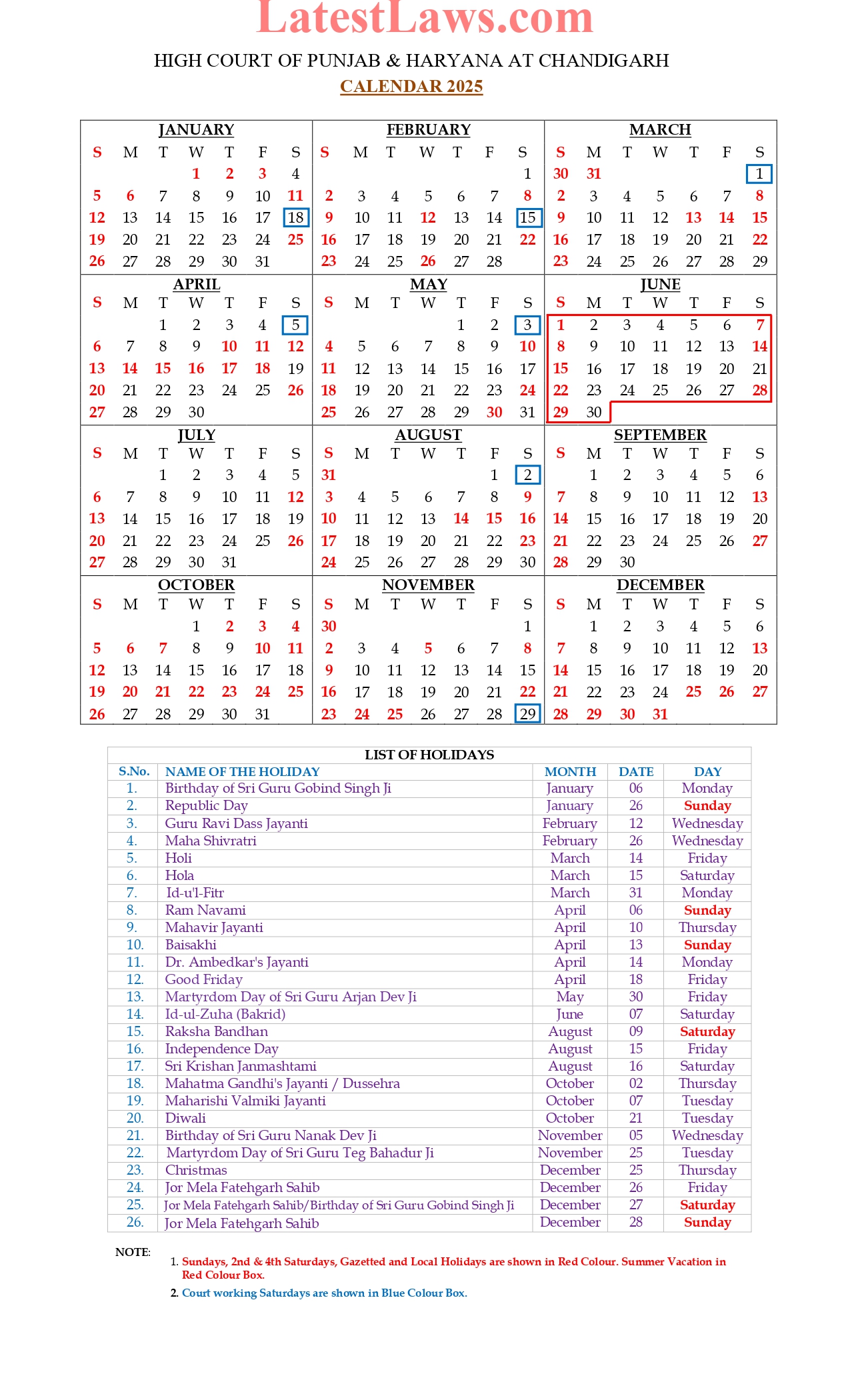 Punjab and Haryana High Court Calendar, 2025