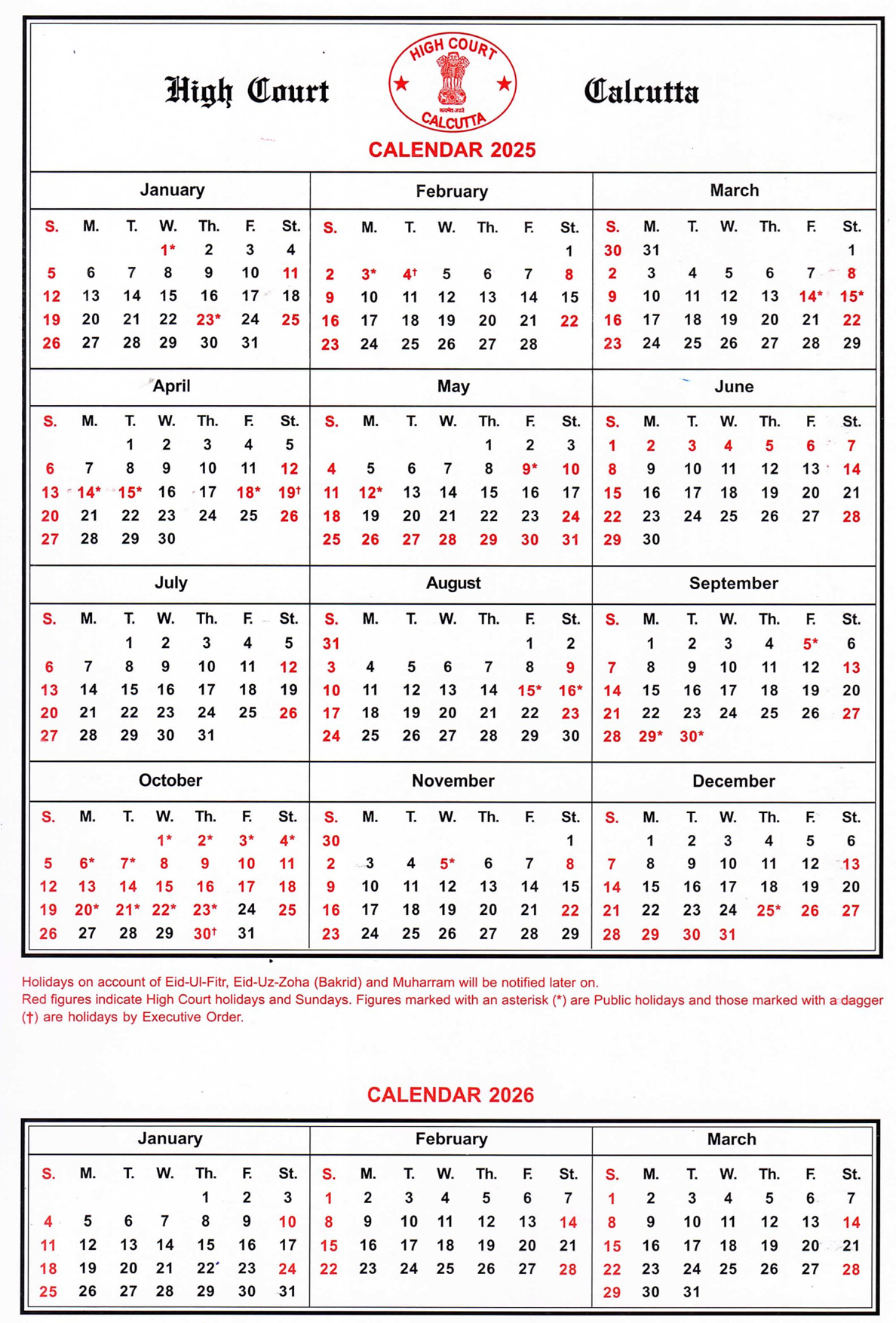Calcutta High Court Calendar, 2025
