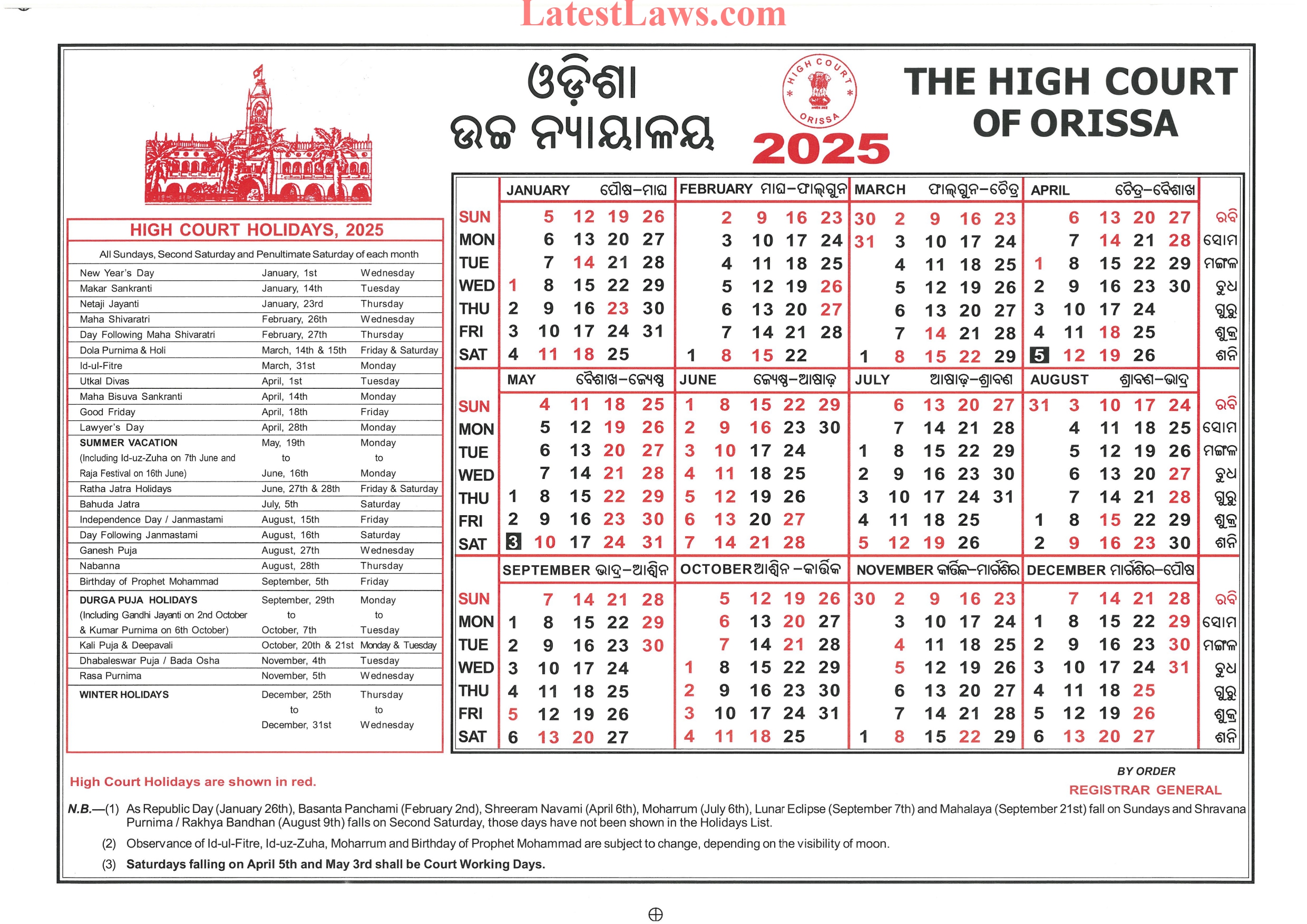 Orrisa High Court Calendar, 2025