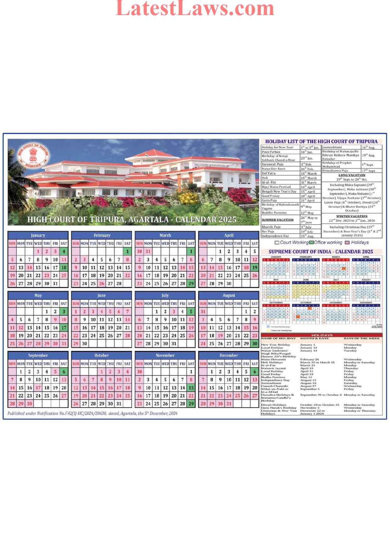 Tripura High Court Calendar, 2025