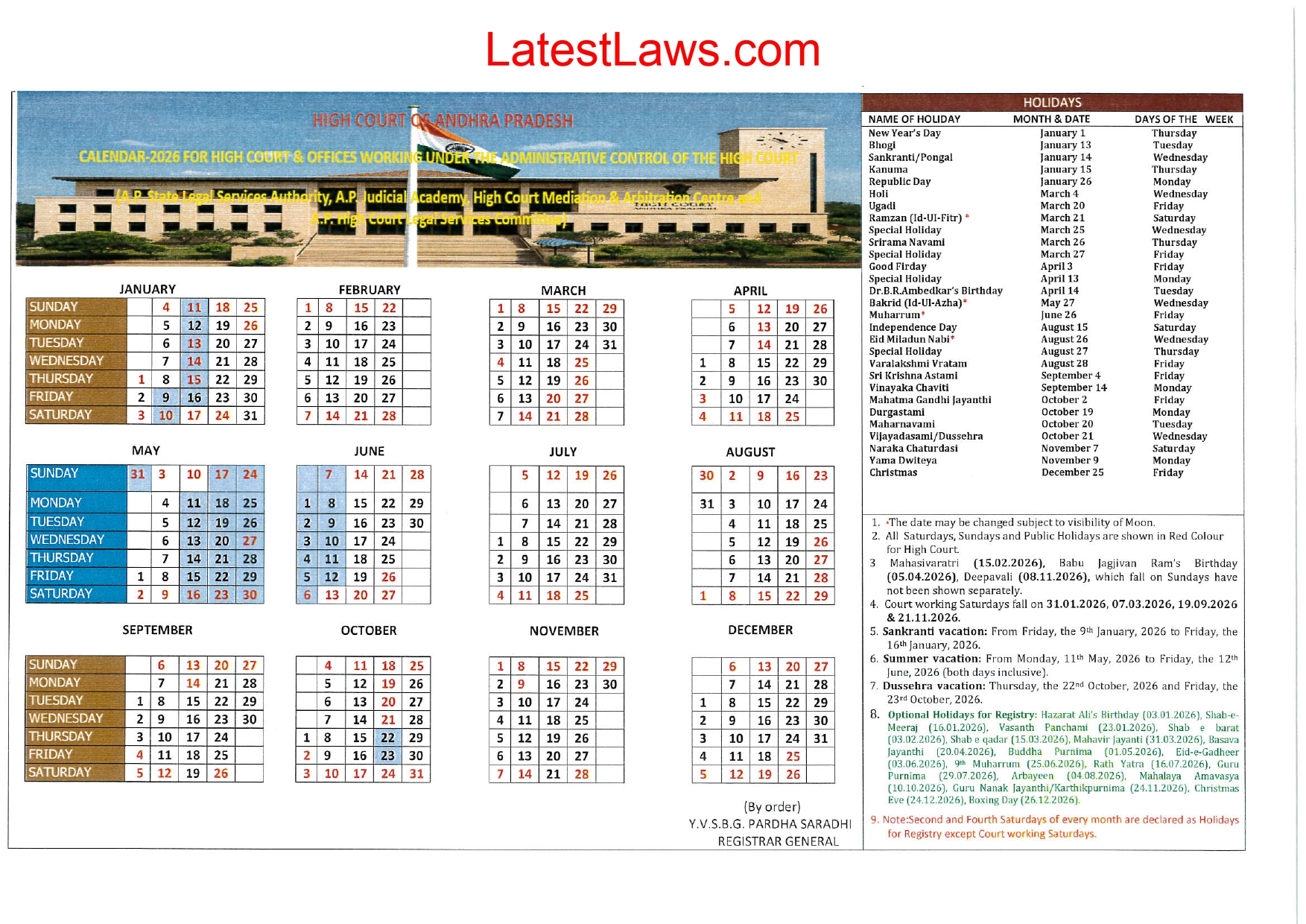 Andhra Pradesh High Court calendar 2026
