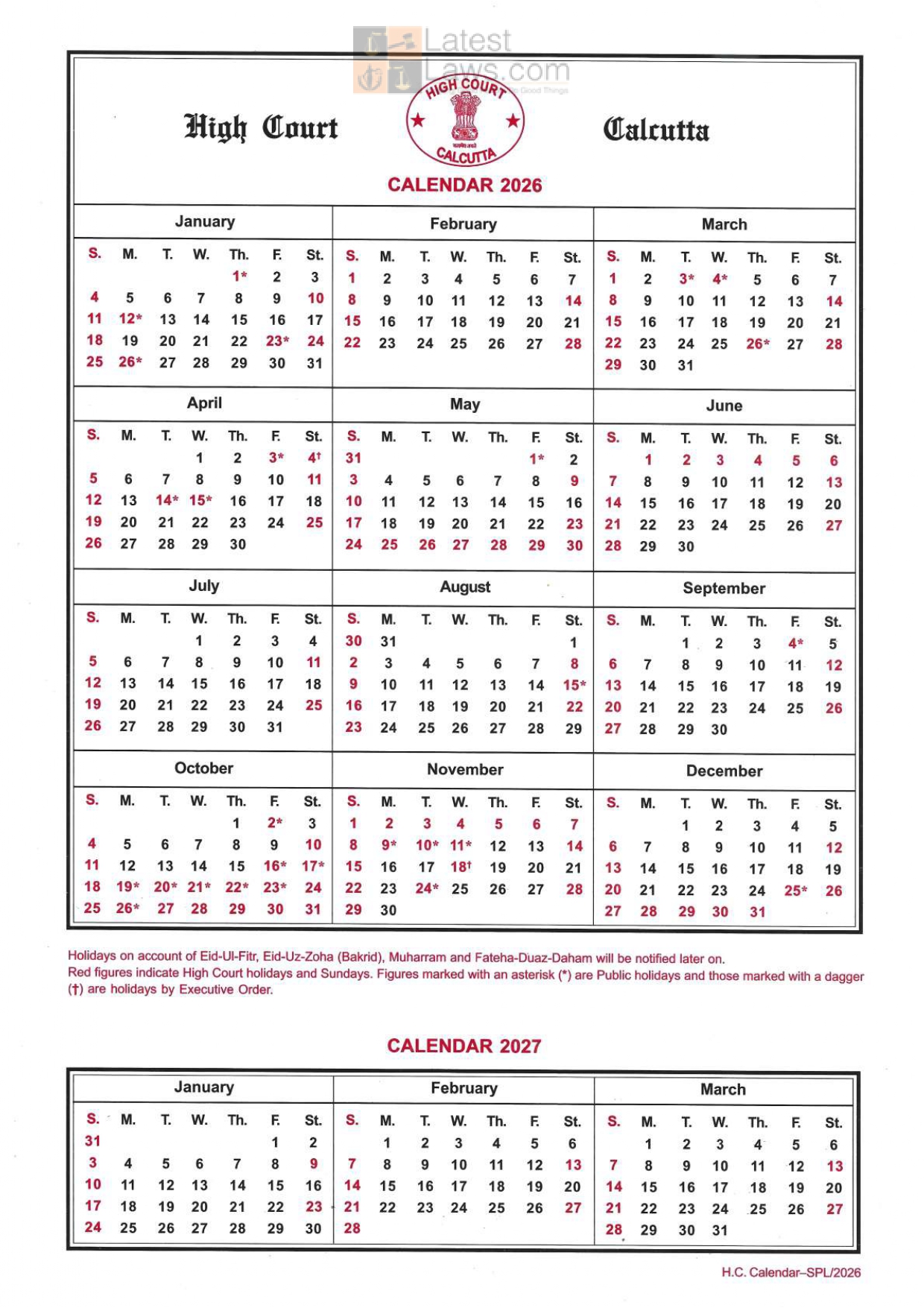 Calcutta High Court Calendar 2026