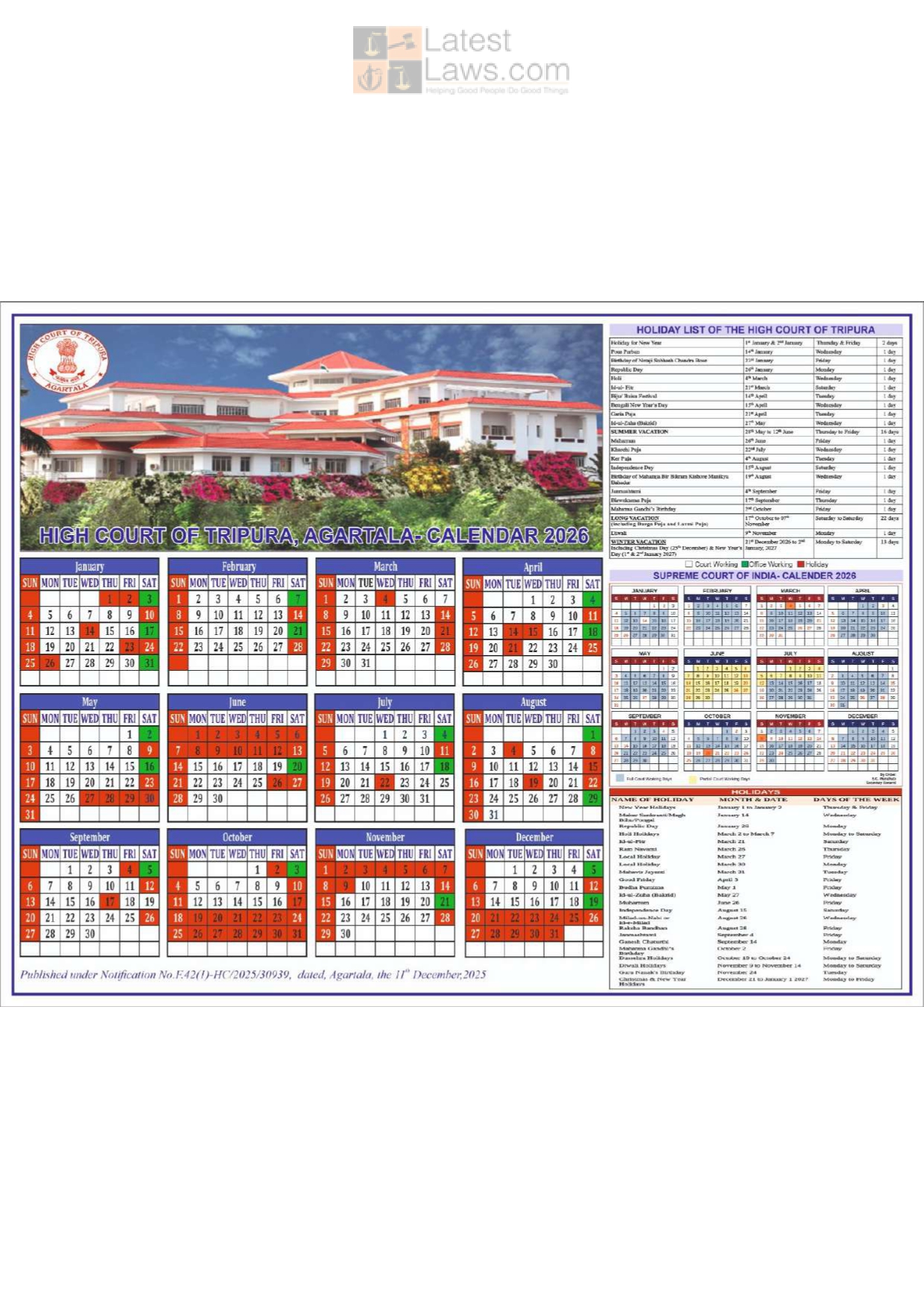 Tripura High Court Calendar 2026